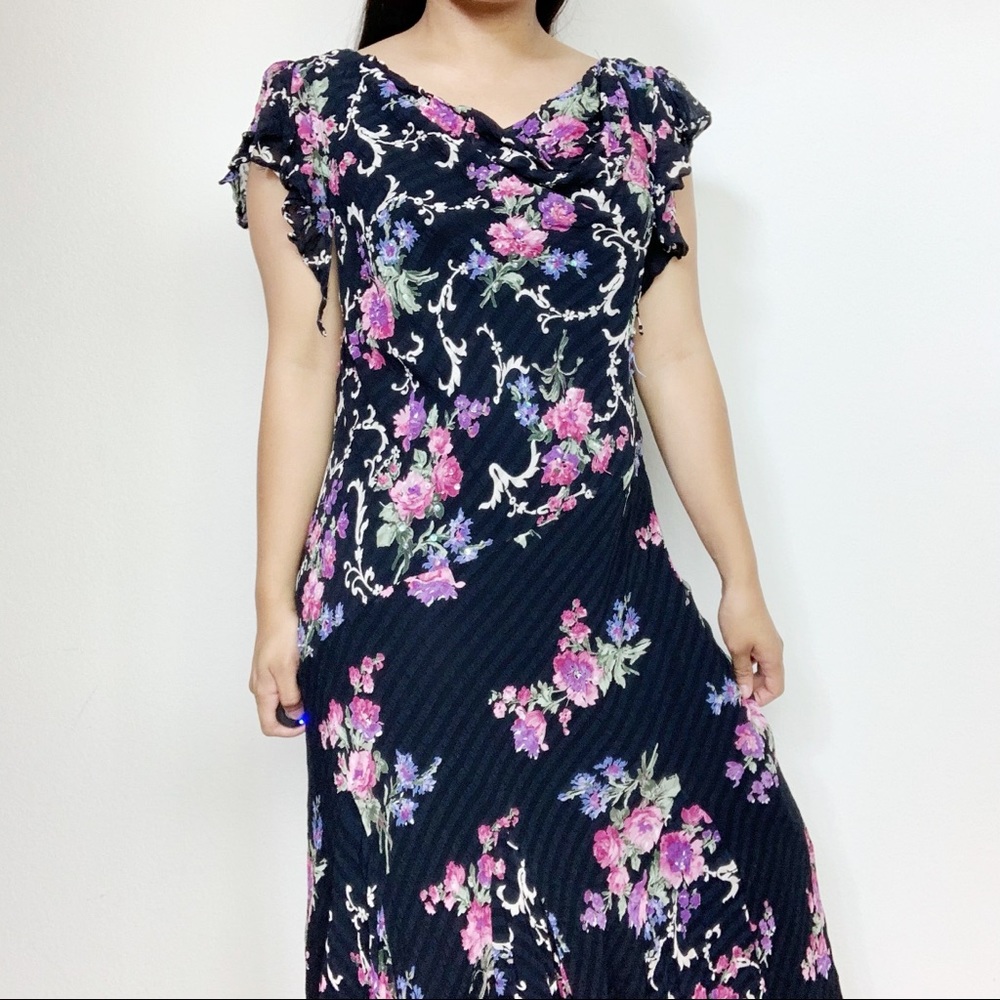 Vintage Paradise NY Black Beaded Floral Maxi Dress